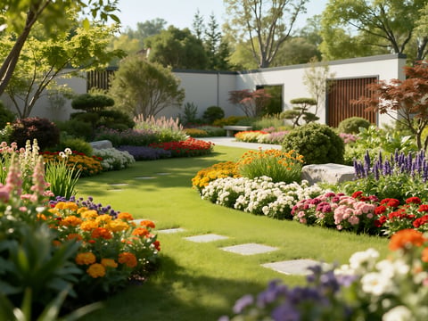A beautiful contemporary garden featuring square stepping stones on lush green lawn, bordered by vibrant flowering beds and clean white walls