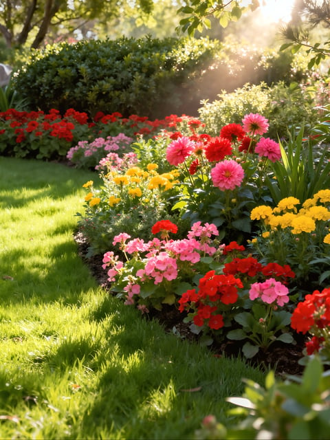 A vibrant flower bed with red, pink, and yellow blossoms